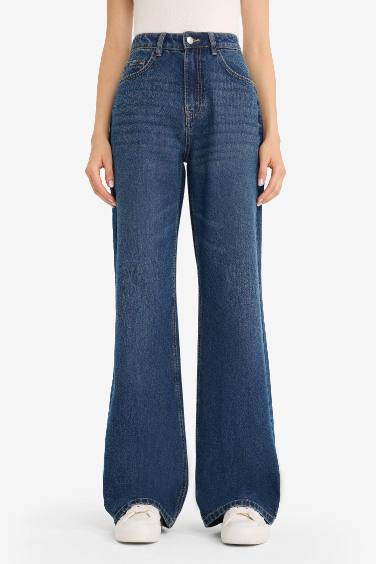 Straight Wide Leg High Waist Jean Look Trousers