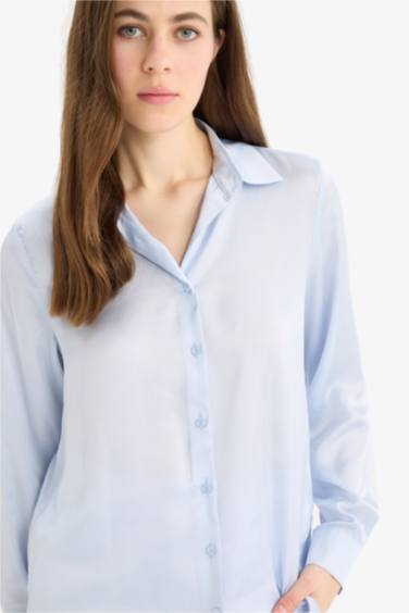 Regular Fit Shirt Collar Satin Long Sleeve Shirt