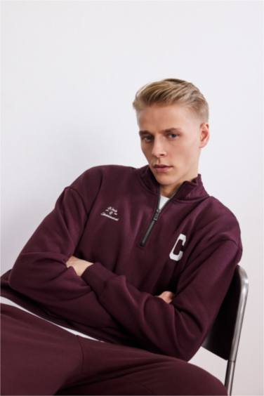 Boxy Fit Dik Yaka Fermuarlı Baskılı Sweatshirt