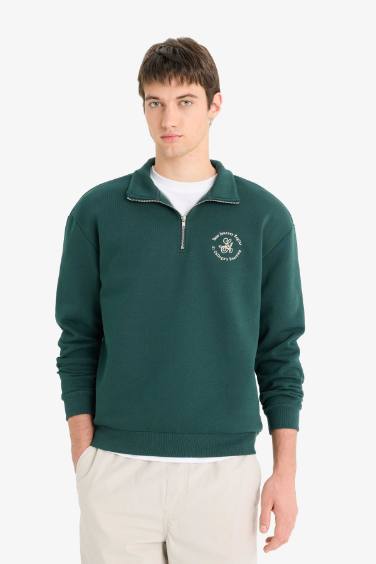 Boxy Fit Stand Collar Slogan Patterned Sweatshirt