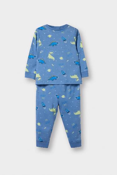 Erkek Bebek Pijama Takımı Dinozor Baskılı Uzun Kollu Penye Üst Uzun Alt