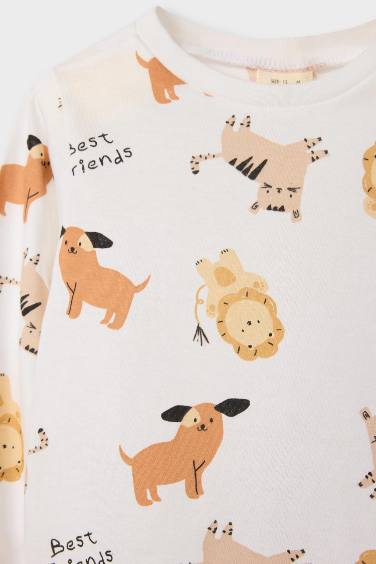 Erkek Bebek Pijama Takımı Hayvan Desenli Uzun Kollu Penye Üst Uzun Alt