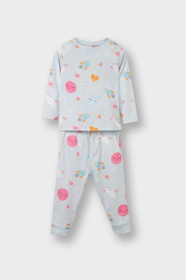 Kız Bebek Pijama Takımı Uzay Baskılı Uzun Kollu Penye Üst Uzun Alt