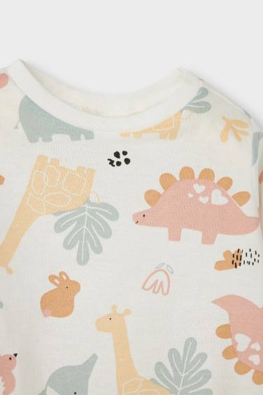 Kız Bebek Pijama Takımı Dinozor Baskılı Uzun Kollu Penye Üst Uzun Alt