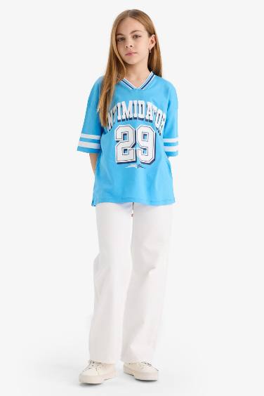 بنطلون بناتي وايد ليج جينز برجل واسع أبيض