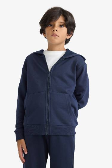 Erkek Çocuk Basic Düz Kapüşonlu Fermuarlı Sweatshirt