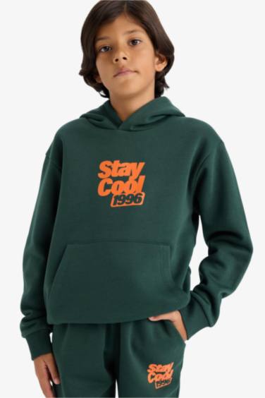 Erkek Çocuk Kapüşonlu Baskılı İçi Yumuşak Tüylü Sweatshirt