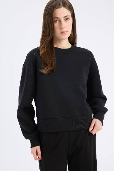 Boxy Fit Bisiklet Yaka Basic Düz Kalın Sweatshirt