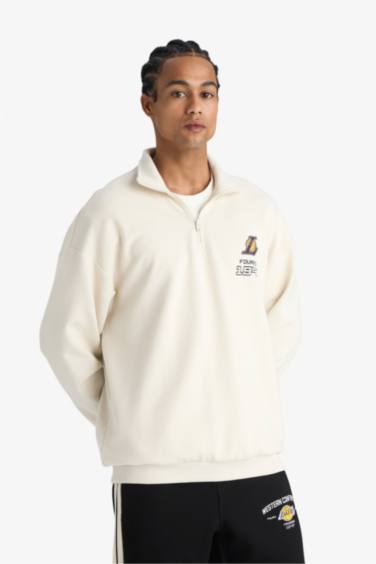 NBA Los Angeles Lakers Oversize Geniş Kalıp Dik Yaka Yarım Fermuarlı Jakarlı Sweatshirt