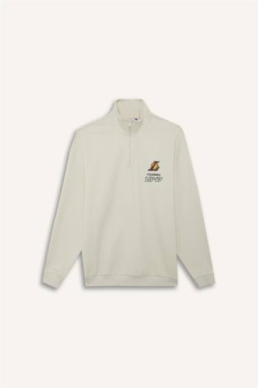 NBA Los Angeles Lakers Oversize Geniş Kalıp Dik Yaka Yarım Fermuarlı Jakarlı Sweatshirt