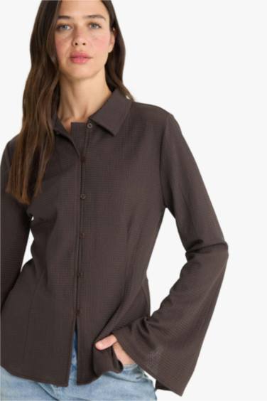 Regular Fit Shirt Collar Long Sleeve Blouse