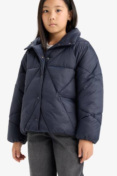 Girl Buttons Pocketed Puffer Jacket