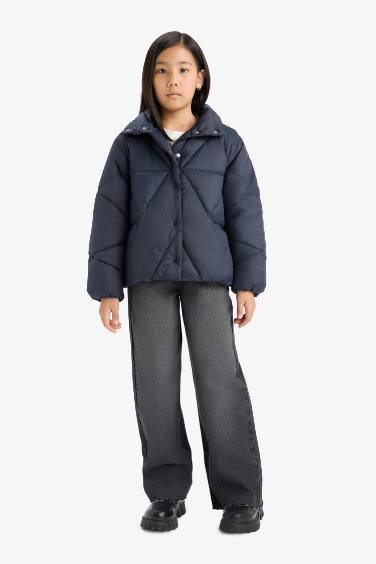Girl Buttons Pocketed Puffer Jacket