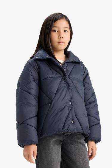 Girl Buttons Pocketed Puffer Jacket