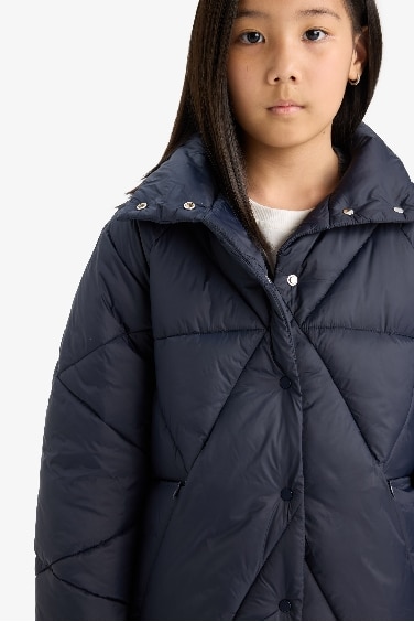 Girl Buttons Pocketed Puffer Jacket