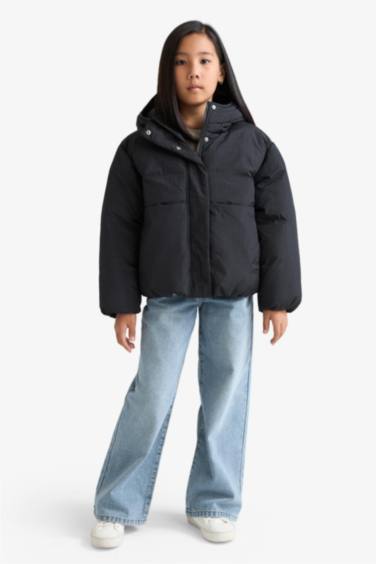Kız Çocuk Su Geçirmez Kapüşonlu Fermuarlı Şişme Mont