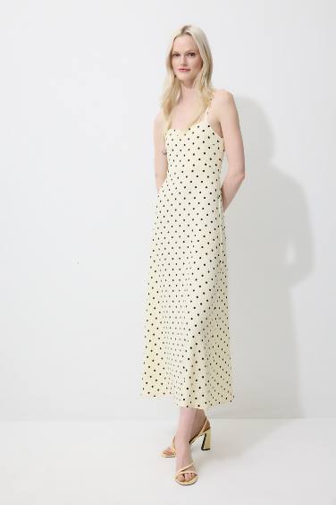 U Neck Polka Dot Crepe Strappy Maxi Dress