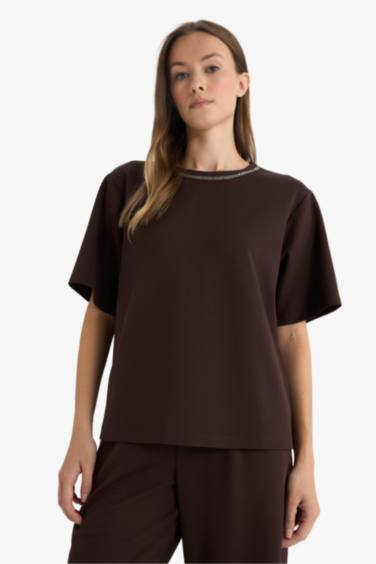 Regular Fit Crew Neck Embroidered Crepe T-Shirt