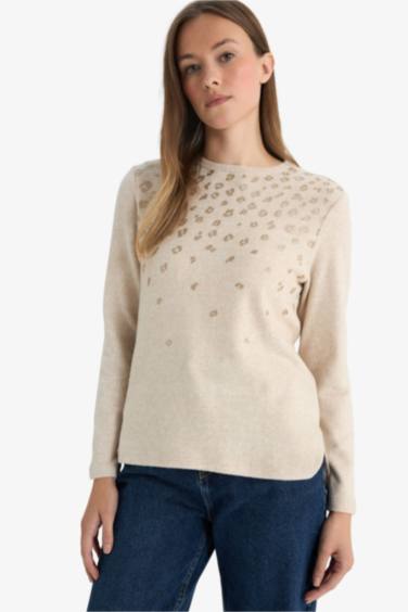 Regular Fit Bisiklet Yaka Taş Detaylı Uzun Kollu Tişört