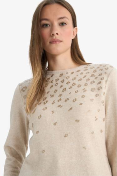 Regular Fit Bisiklet Yaka Taş Detaylı Uzun Kollu Tişört