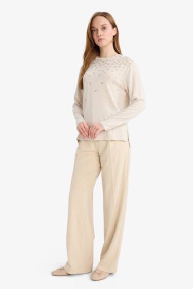 Regular Fit Bisiklet Yaka Taş Detaylı Uzun Kollu Tişört