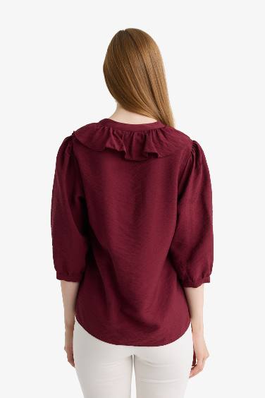 Regular Fit Bisiklet Yaka Volanlı Uzun Kollu Gömlek