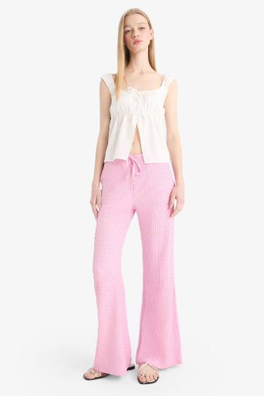 Flare Fit Elastic Waist Crepe Trousers