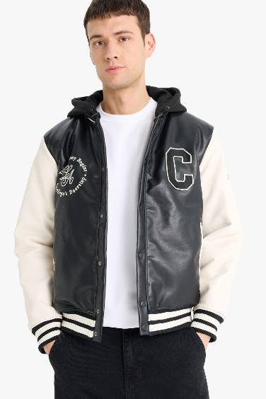 Regular Fit College Collar Faux Leather Bomber Jacket