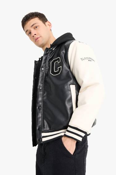 Regular Fit College Collar Faux Leather Bomber Jacket