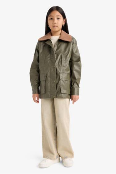 Kız Çocuk Kontrast Yaka Fermuarlı Parka