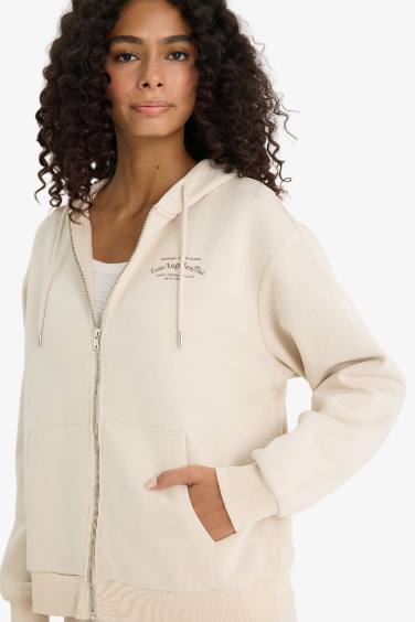 Oversize Fit Hooded Printed Thick Fabric Cardigan