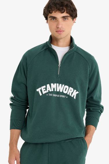 Boxy Fit Dik Yaka Yarım Fermuarlı Baskılı Sweatshirt