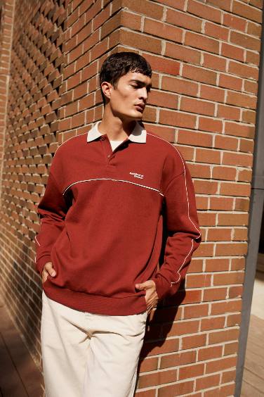 Boxy Fit Rahat Kesim Polo Yaka Baskılı Sweatshirt