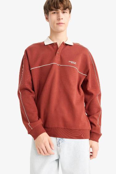 Boxy Fit Rahat Kesim Polo Yaka Baskılı Sweatshirt