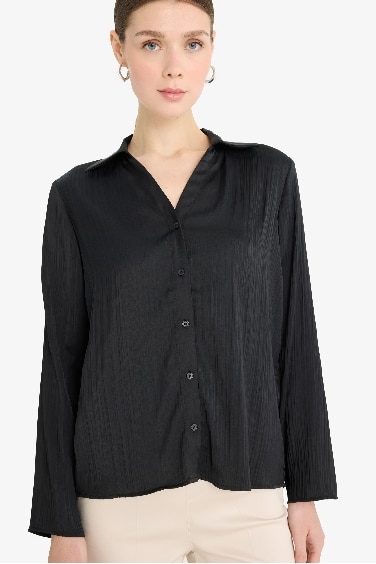 قميص كم طويل ستان قصة عادية بياقة قميص