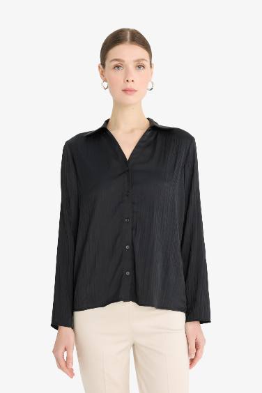 قميص كم طويل ستان قصة عادية بياقة قميص