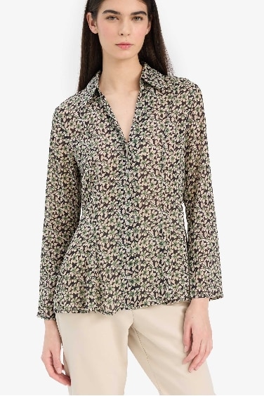 Slim Fit Shirt Collar Chiffon Printed Long Sleeve Shirt