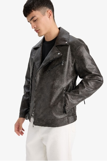 Slim Fit Polo Collar Zippered Faux Leather Jacket