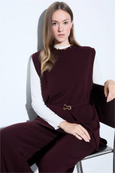 Bisiklet Yaka Kemer Detaylı Triko Süveter