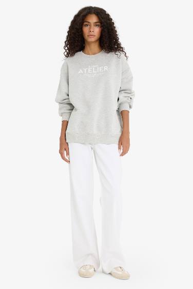 Oversize Geniş Kalıp Bisiklet Yaka Baskılı Kalın Sweatshirt