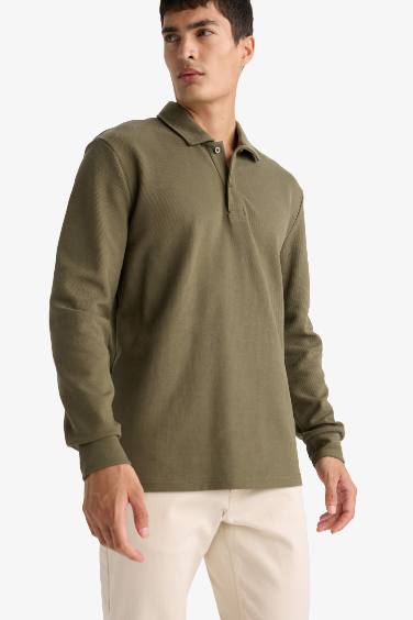 Regular Fit Waffle Polo Collar Long Sleeve Sweatshirt
