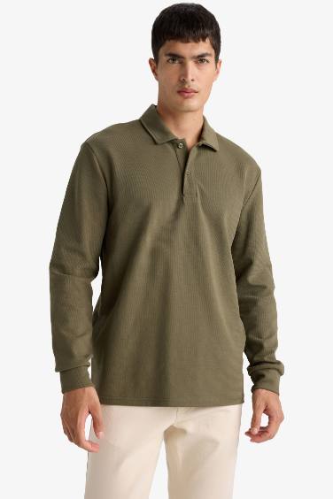 Regular Fit Waffle Polo Collar Long Sleeve Sweatshirt