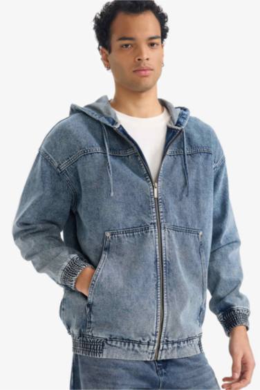 Oversize Geniş Kalıp Kapüşonlu Fermuarlı Denim Ceket