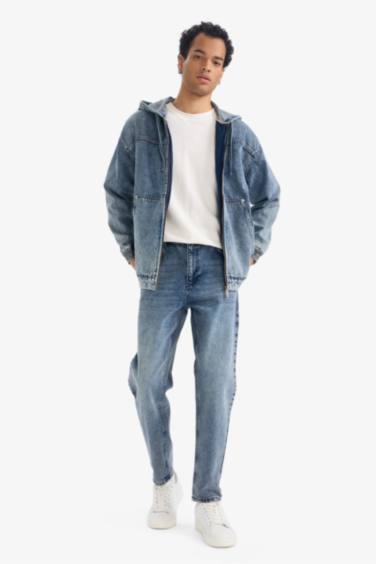 Oversize Geniş Kalıp Kapüşonlu Fermuarlı Denim Ceket