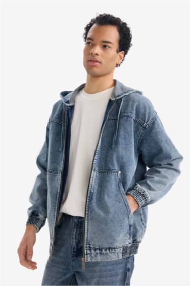 Oversize Geniş Kalıp Kapüşonlu Fermuarlı Denim Ceket