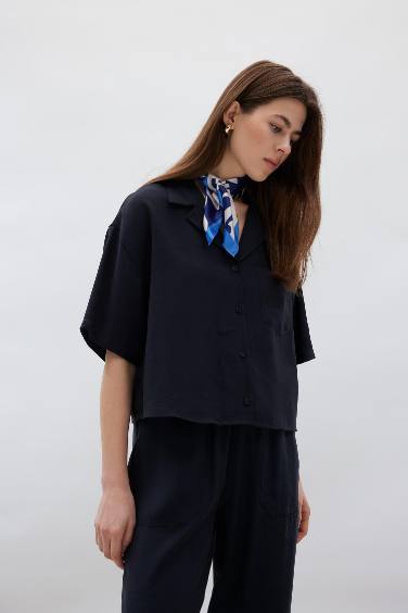 Loose Fit Ceket Yaka Modal Kısa Kollu Gömlek