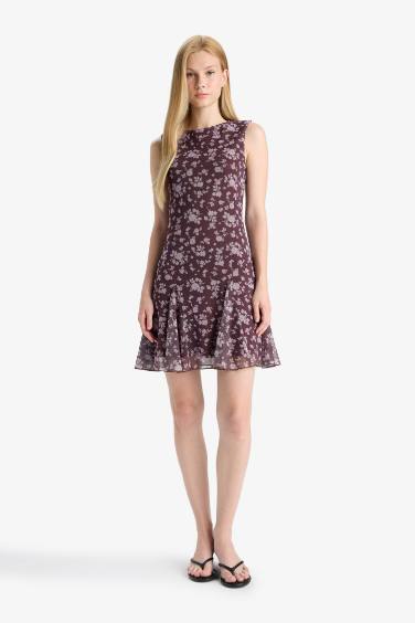 Coool Bisiklet Yaka Desenli Tül Kolsuz Mini Elbise