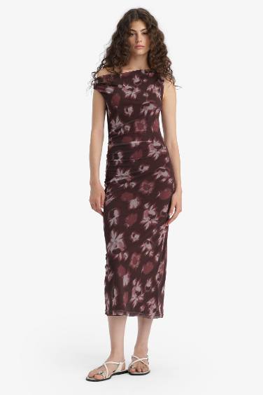 Bodycon Vücudu Saran Açık Omuz Çiçek Desenli Tül Maxi Elbise