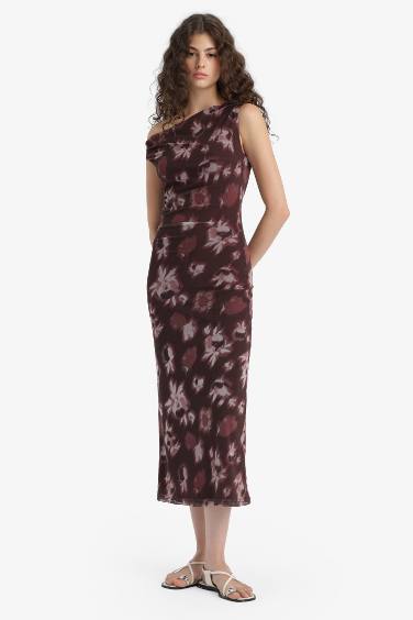 Bodycon Vücudu Saran Açık Omuz Çiçek Desenli Tül Maxi Elbise