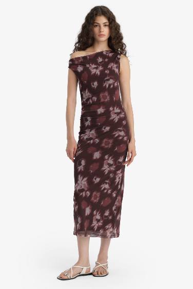 Bodycon Vücudu Saran Açık Omuz Çiçek Desenli Tül Maxi Elbise